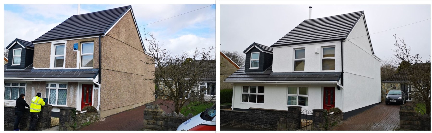 Before and after: a tired pebbledashed house transformed with a clean white ProPERLA wall coating finish